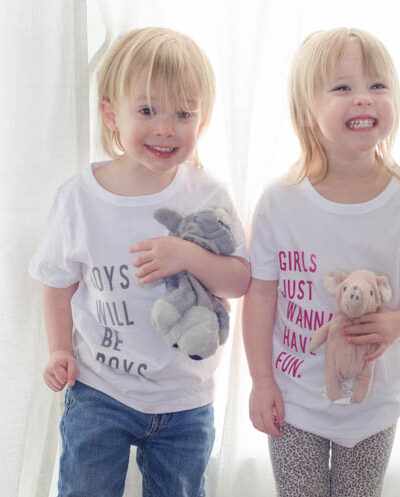 Such fun t-shirts for siblings! And I love that it uses the fuzzy iron on letters- so much better for kids.