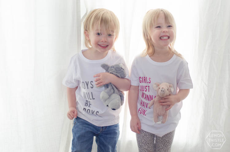 Such fun t-shirts for siblings! And I love that it uses the fuzzy iron on letters- so much better for kids.