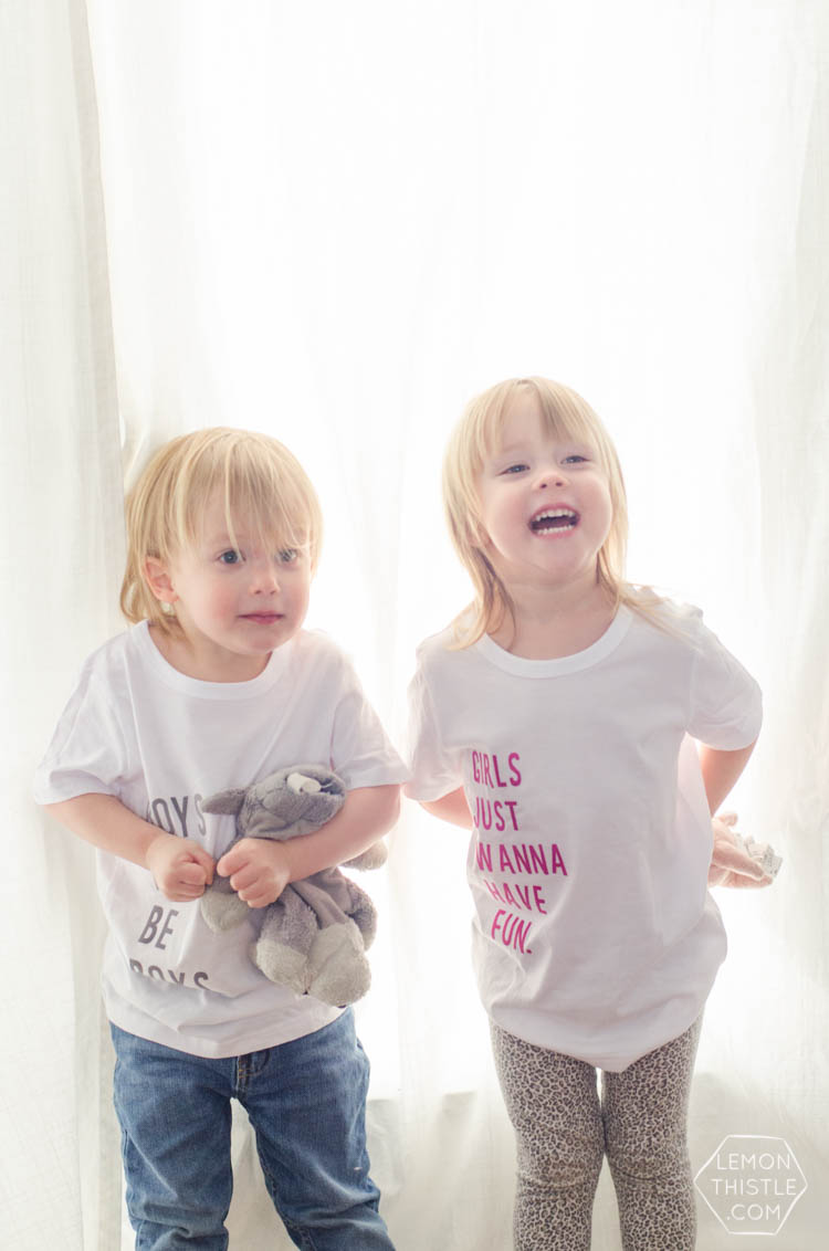 Such fun t-shirts for siblings! And I love that it uses the fuzzy iron on letters- so much better for kids.