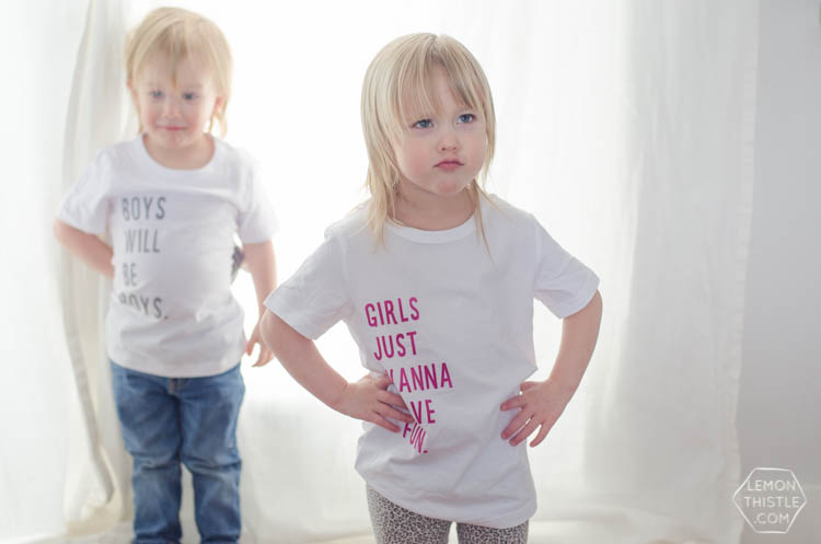 Such fun t-shirts for siblings! And I love that it uses the fuzzy iron on letters- so much better for kids.