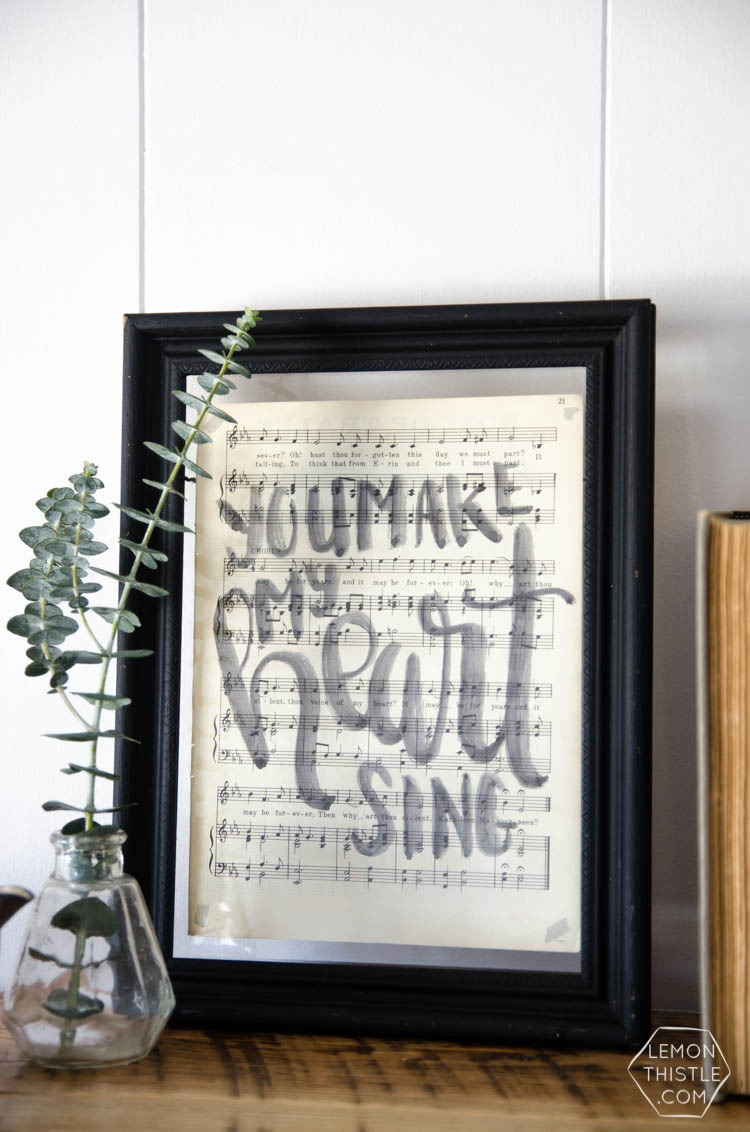 DIY Hand Lettered Sheet Music Art in floating vintage frame