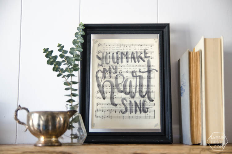 DIY Hand Lettered Sheet Music Art in floating vintage frame