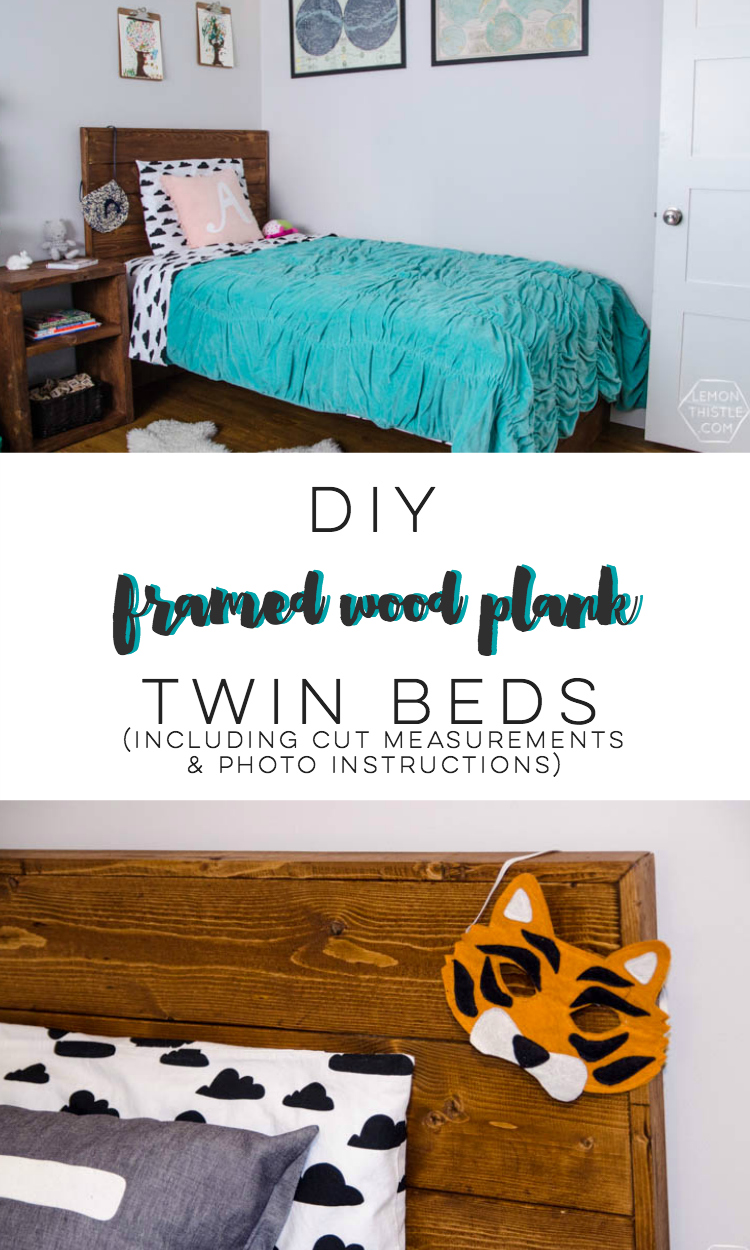DIY Framed Wood Plank Twin Beds with detailed how-to instructions and measurements... I love these! Kids could grow with them