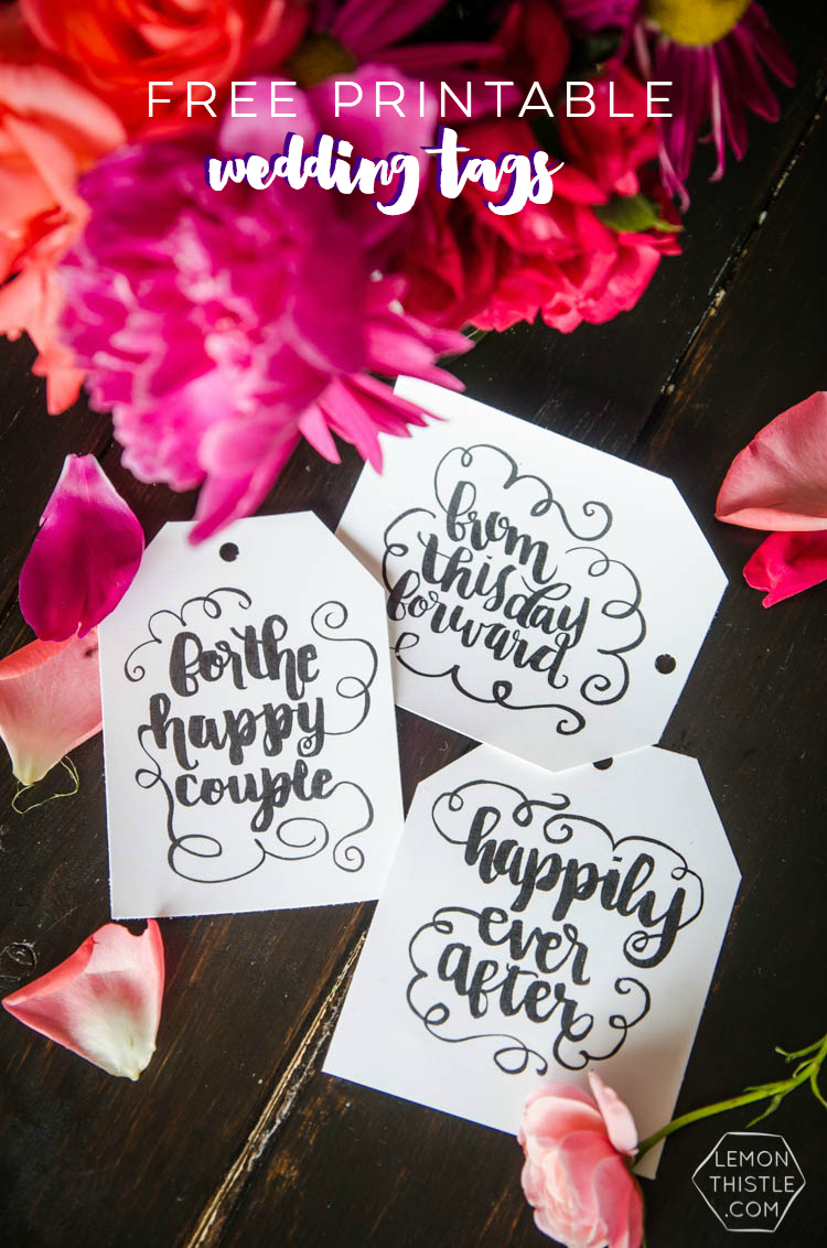 Free printable wedding tags- I love the black and white brush lettering! So pretty