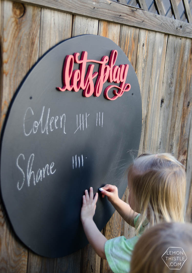 DIY Round Chalkboard with 3d hand lettering... I LOVE this! Perfect for backyard games