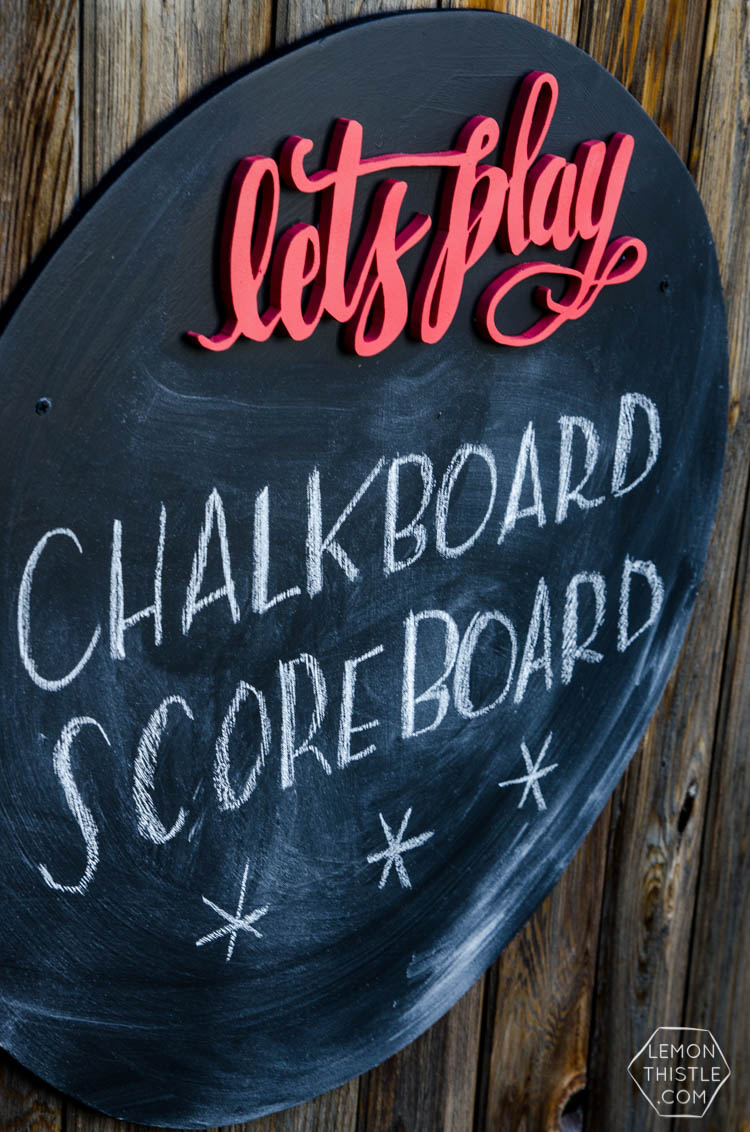 DIY Round Chalkboard with 3d hand lettering... I LOVE this! Perfect for backyard games