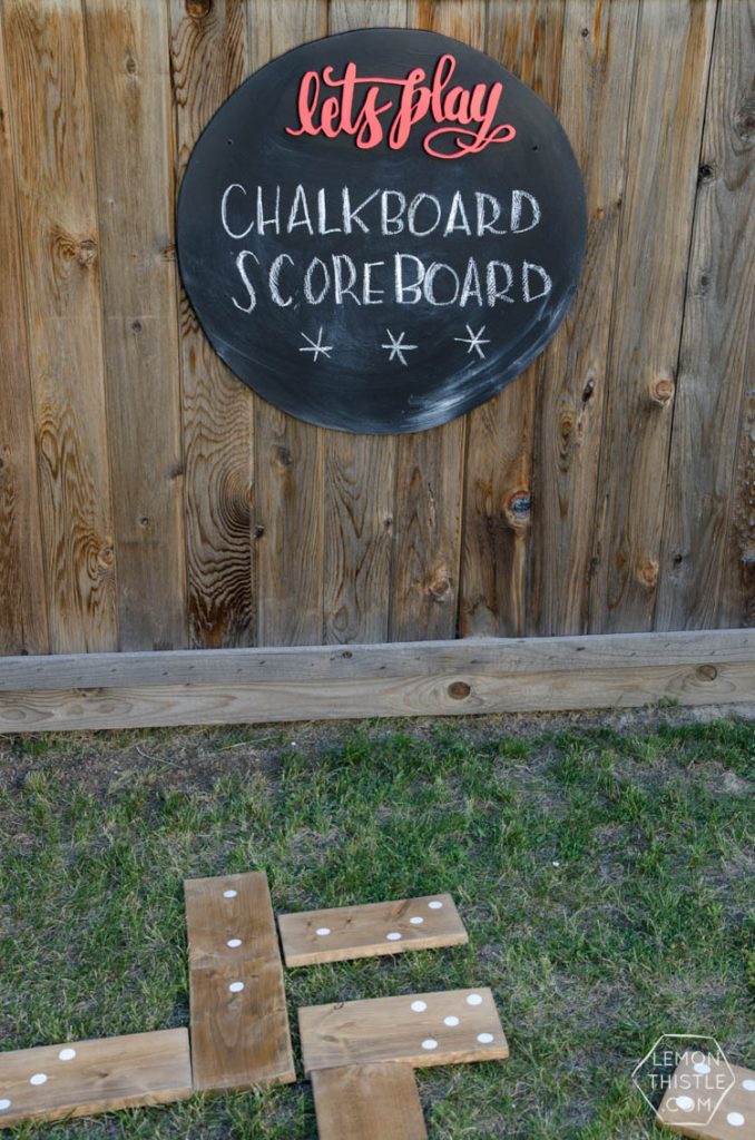 DIY Round Chalkboard with 3d hand lettering... I LOVE this! Perfect for backyard games