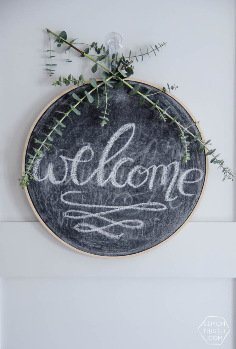 DIY Hoop Chalkboard with Eucalyptus... I LOVE this! The euc would dry nicely too- it would also make an awesome wreath!
