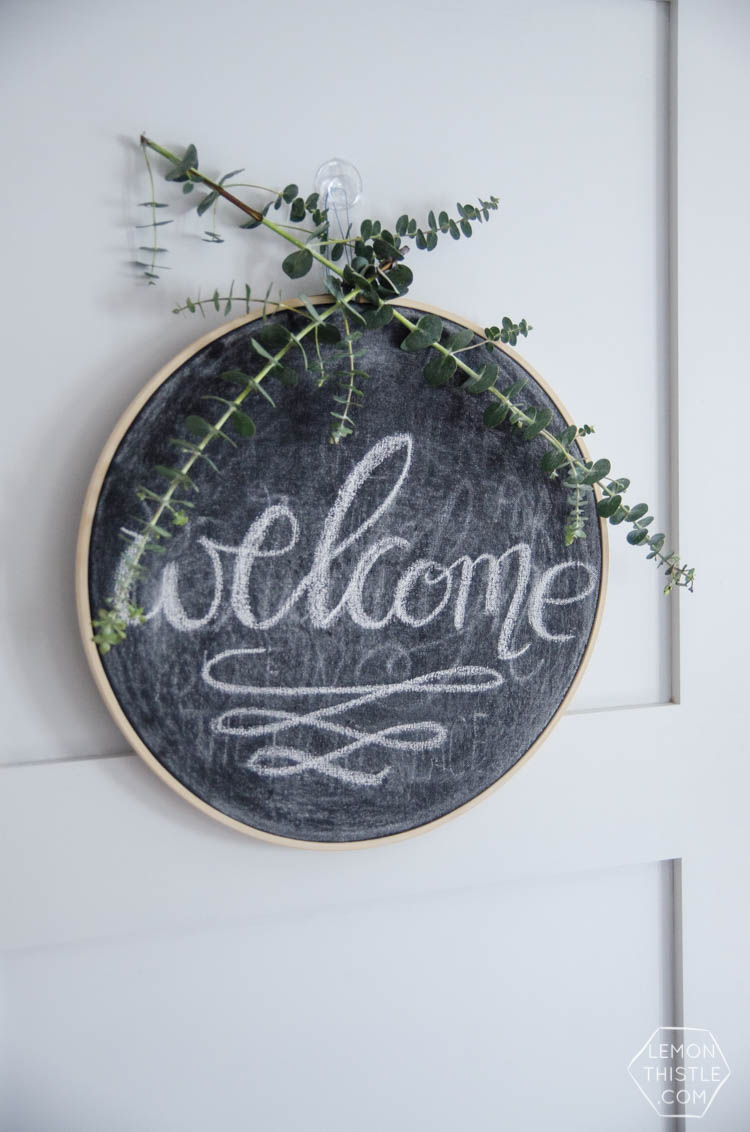 DIY Hoop Chalkboard with Eucalyptus... I LOVE this! The euc would dry nicely too- it would also make an awesome wreath!
