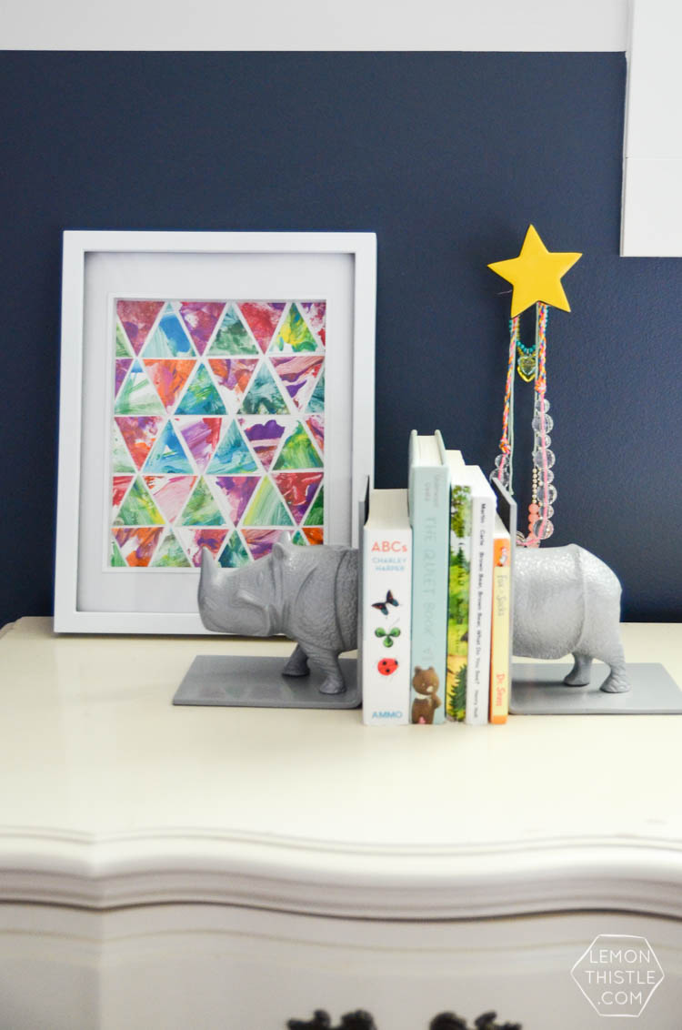 DIY Kids Geometric Art from Finger Painting- this is such a fun way to involve kids artwork in home decor!