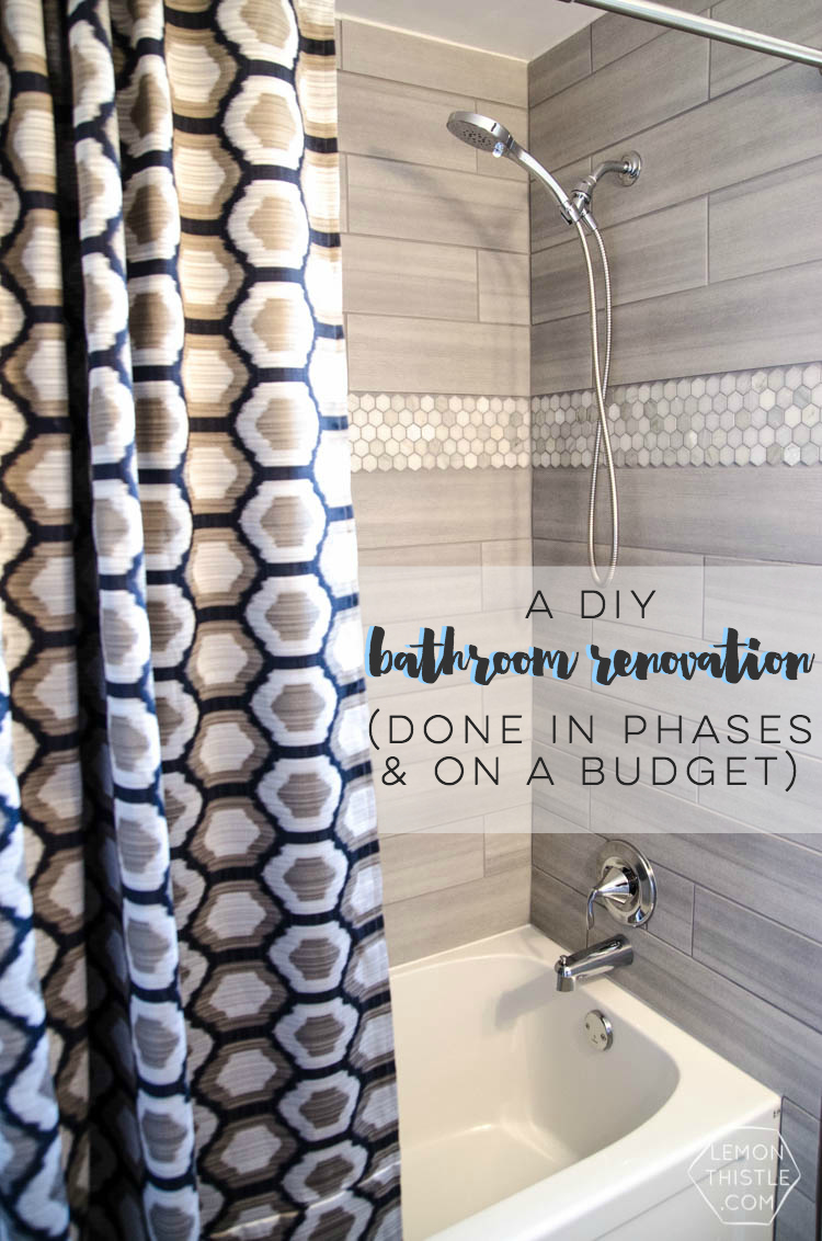 DIY Bathroom Renovation- I love that it breaks it down into stages! I've always wondered if I could renovate in phases. Everything is DIY too, from the tile to the shelf!