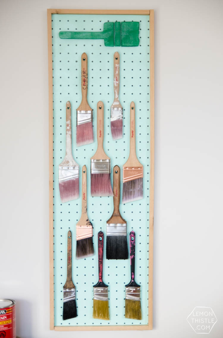 DIY Paintbrush storage board using pegboard- I love this idea! Plus the kids brushes are so smart