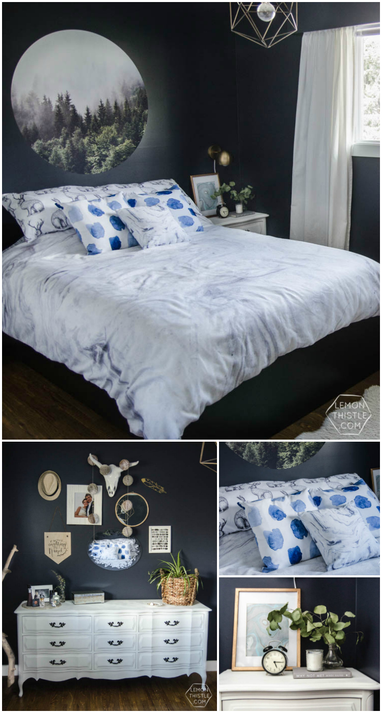 I LOVE this moody navy bedroom- the forrest, the gallery wall- the brass lights... it's all so good! And I love all the DIY