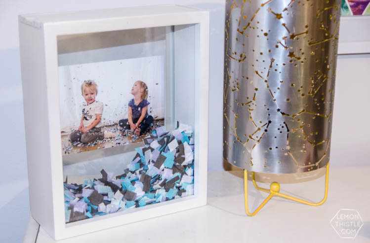 DIY Confetti Filled Shadow Box- this is such a fun idea! I love it for a kids room or even for an engagement! 