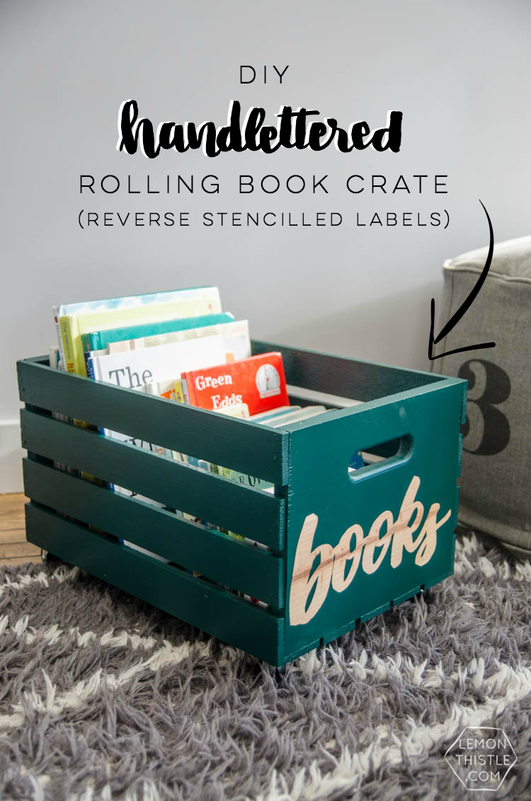 DIY rolling book crate- I love that stencilled label! The natural wood looks so great
