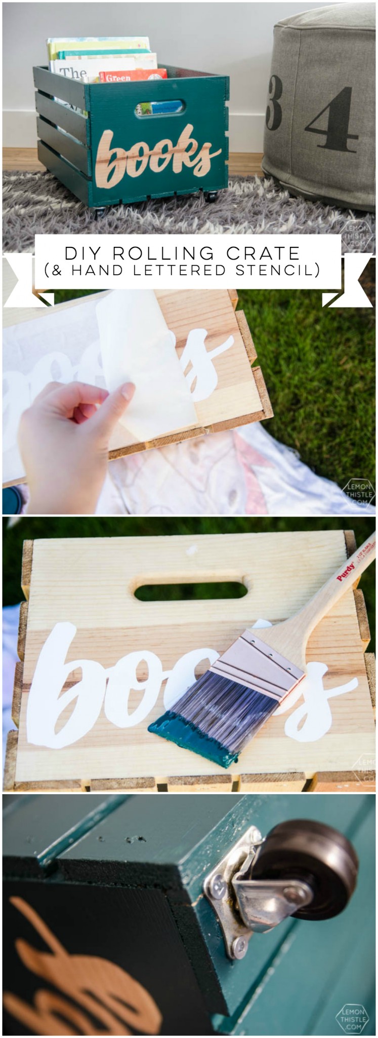 DIY rolling book crate- I love that stencilled label! The natural wood looks so great