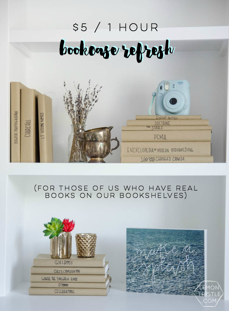 I love this bookshelf refresh! SUCH a big difference. I can't believe the simple book covers do so much. 