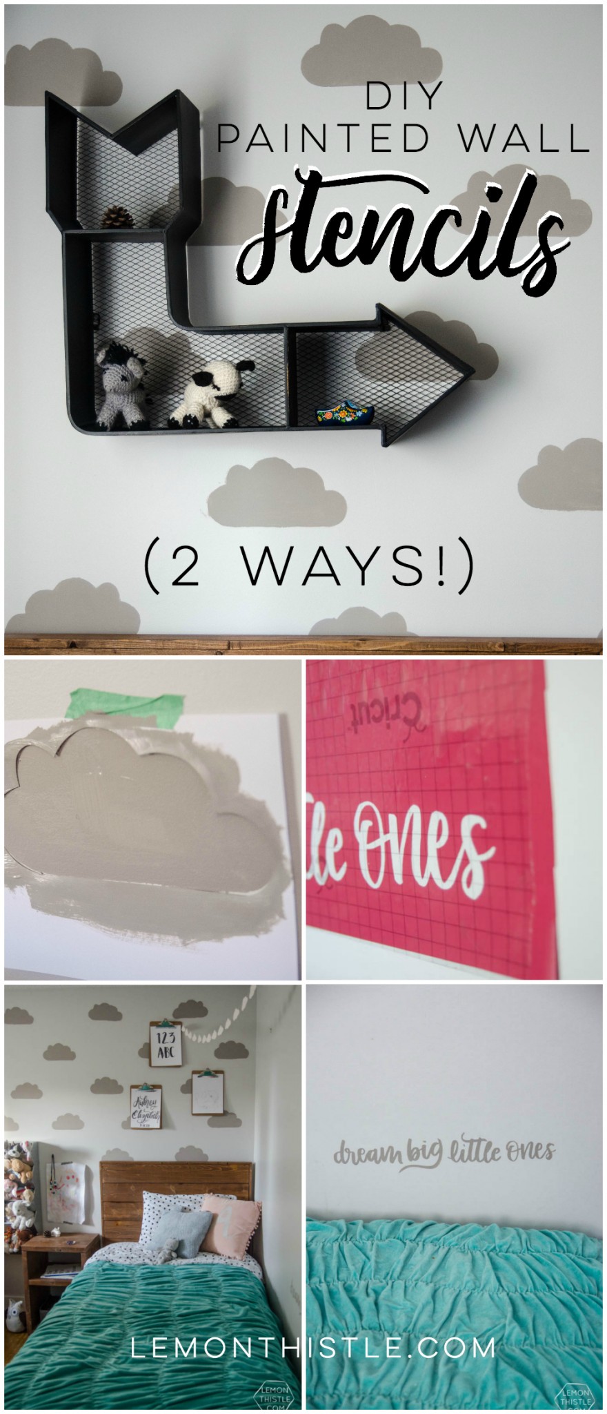 DIY painted wall stencils 2 ways. I LOVE that cloud accent wall! So fun for a shared kids room