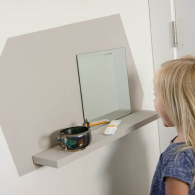 This DIY floating vanity for kids is perfect for tight spaces! It has everything you need but takes up no floor space.
