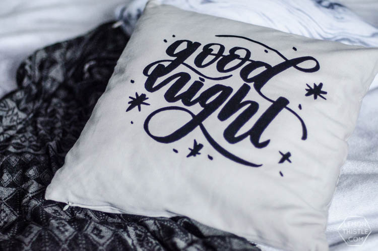 DIY Handlettered throw pillow- love the flocked look! Plus the design is a free download