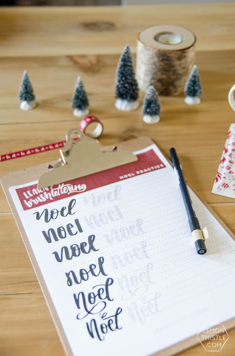 Free Printable Noel Holiday Brush Lettering worksheet- what a great idea to practice handlettering this way!