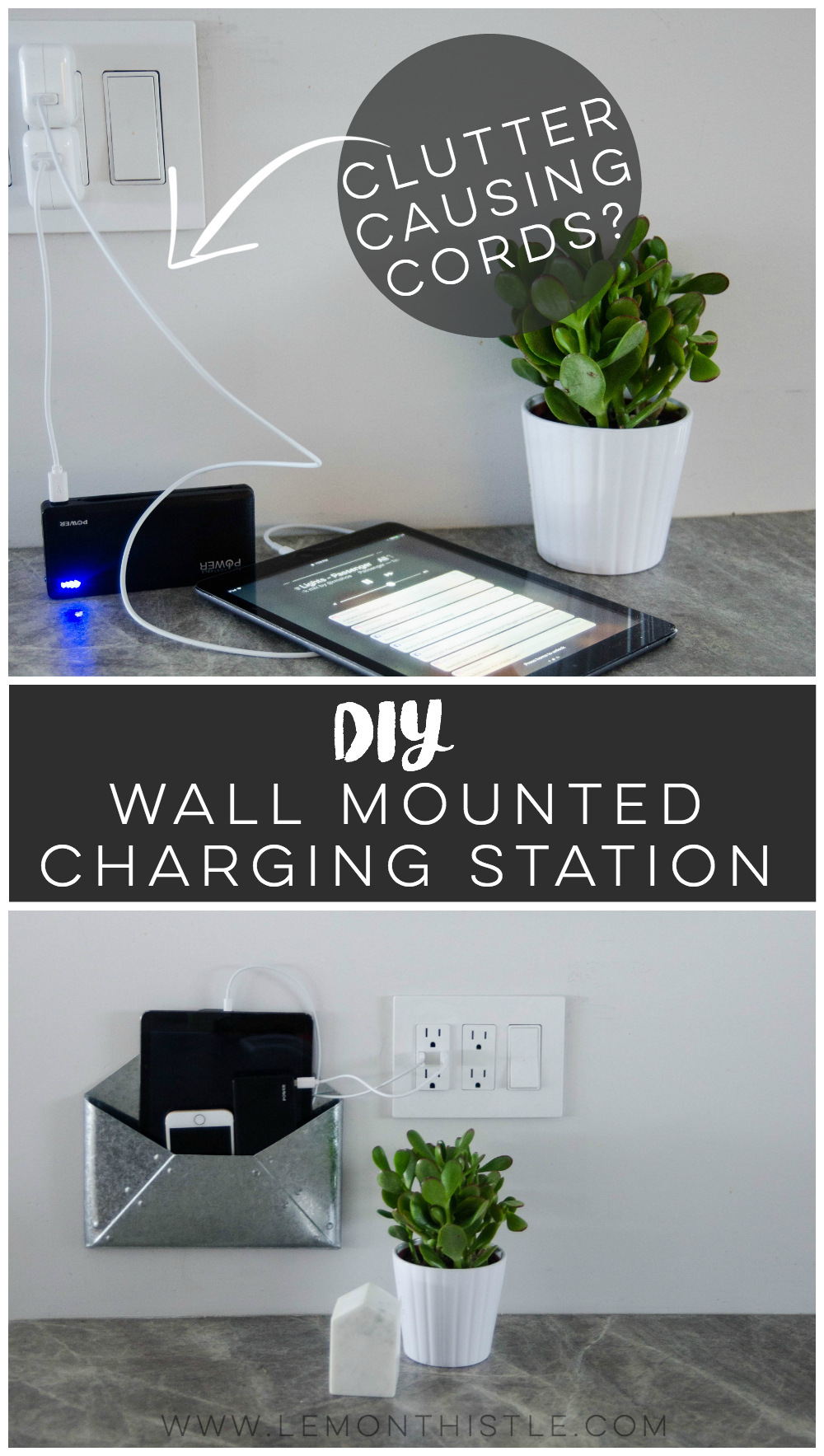 DIY Wall Mounted Charging Station- I love that this doesn't clutter up any counter space - the USB plug is perfect!