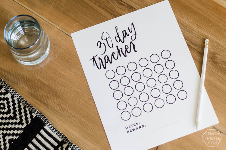 Free Printable 30 Day Tracker- love the simplicity and handlettering! You could use this for anything- diets, challenges, bible reading, kids chores or exercise!