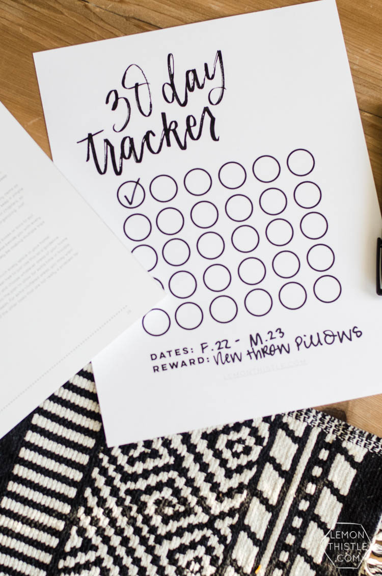 Free Printable 30 Day Tracker- love the simplicity and handlettering! You could use this for anything- diets, challenges, bible reading, kids chores or exercise! 