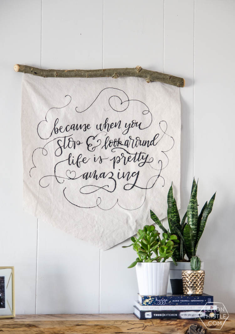 DIY Rustic Canvas Banner- love this! and the hand lettered quote is great too
