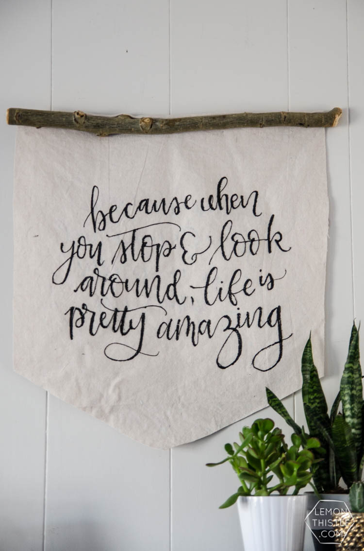 DIY Rustic Canvas Banner- love this! and the hand lettered quote is great too
