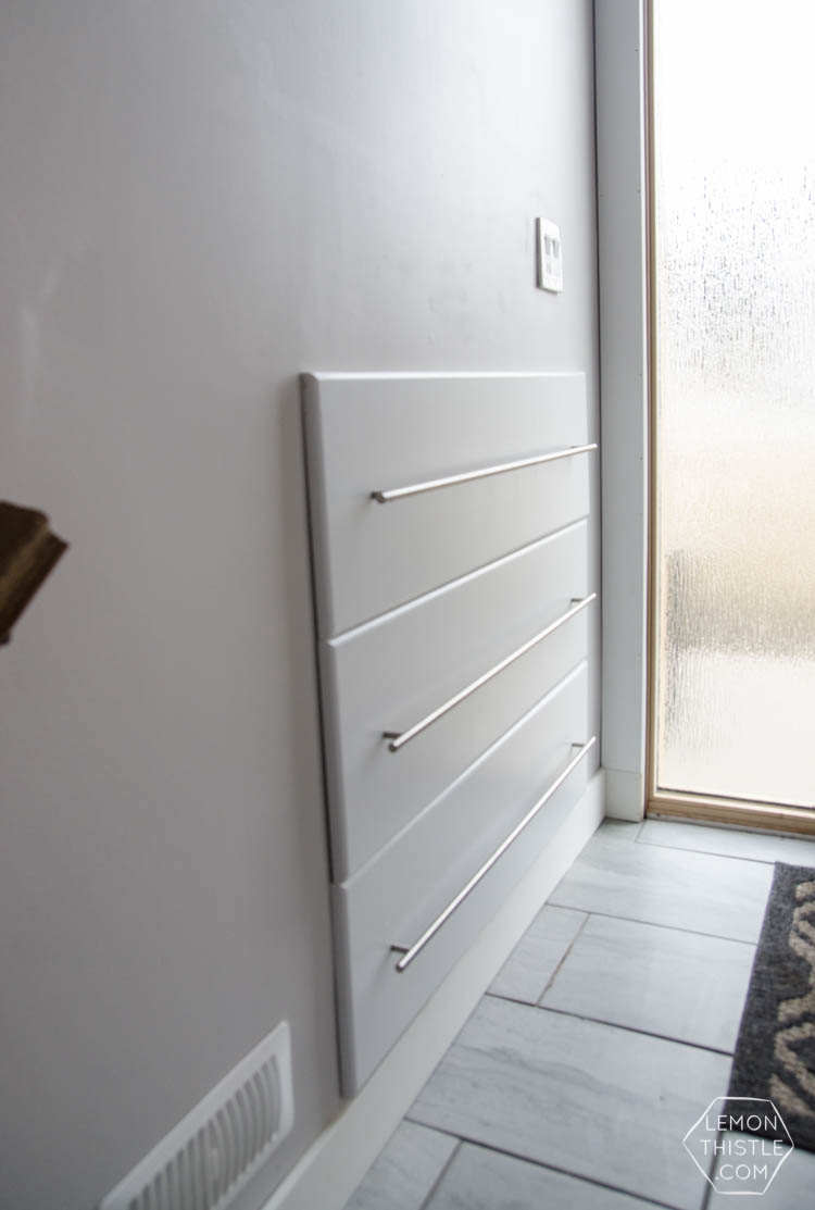 What a great storage solution for a split level entry home! DIY Built in Shoe Storage Drawers
