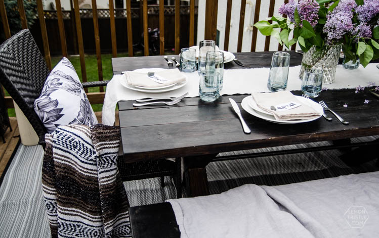 Lilacs and Linen- Love this casual outdoor dining tablescape for spring