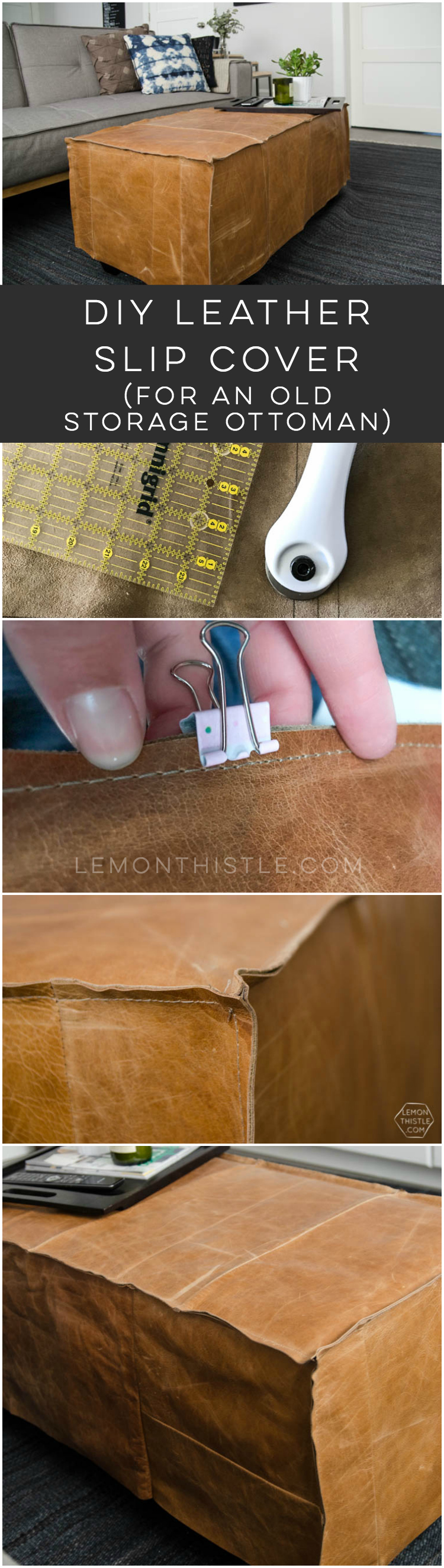 What a great way to bring a storage ottoman up to date! DIY Leather Slip Cover (from reclaimed leather)