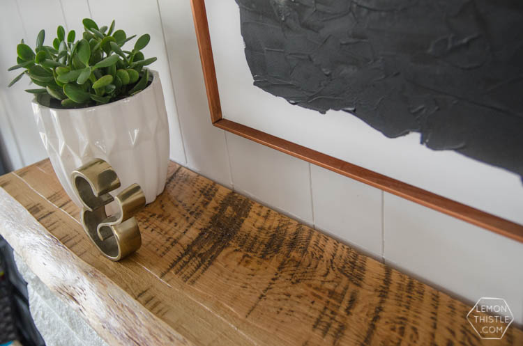 DIY Fireplace Refresh with painted stone & live edge mantle- great tips on how to!