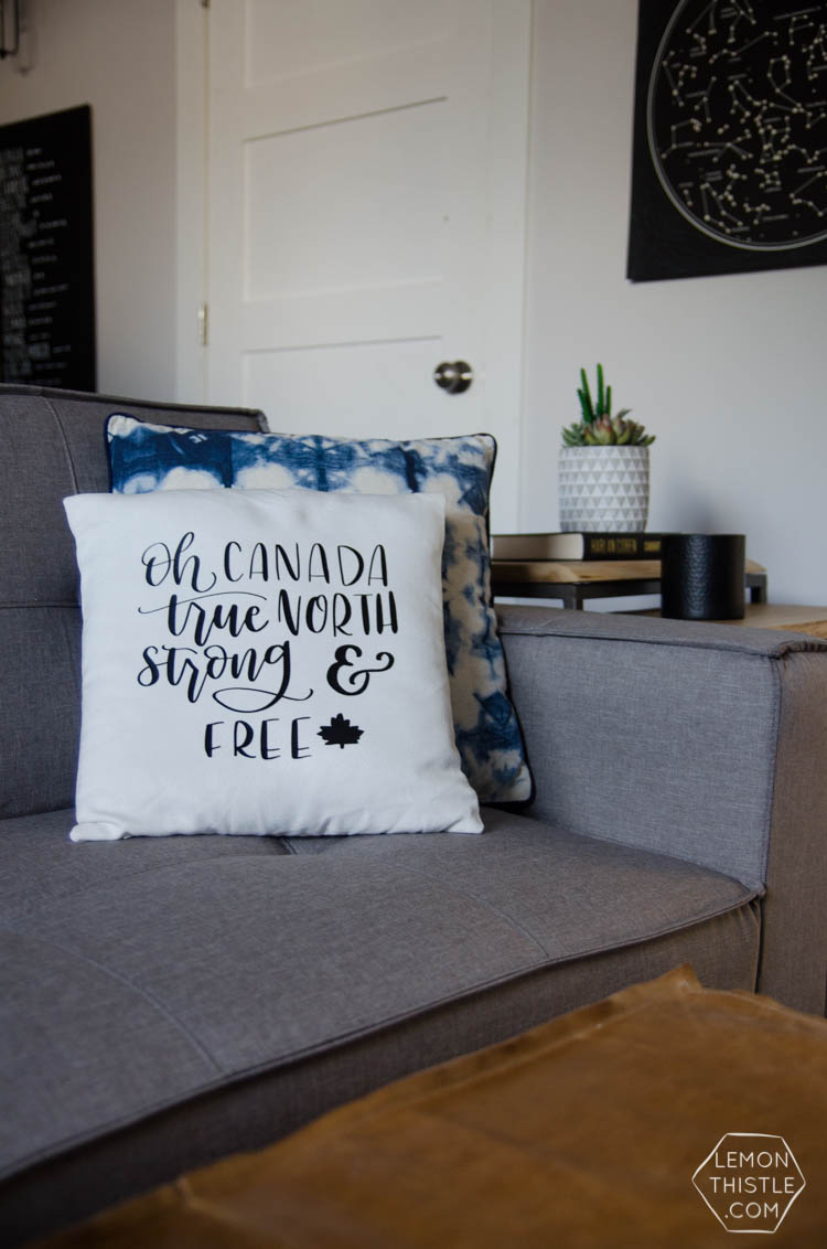 DIY Canadian Throw Pillow with free hand lettered design!