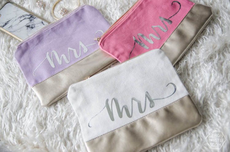 Handlettered pouches with FOIL transfer (foil on fabric!?) with free template for 'mrs'