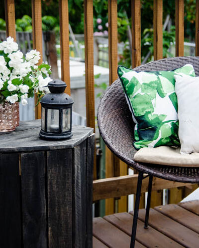 I love the wood look deck and this seating area is so sweet!