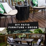 DIY Patio furniture and decor text over two images, one of sitting area and one of dining area on a wooden deck
