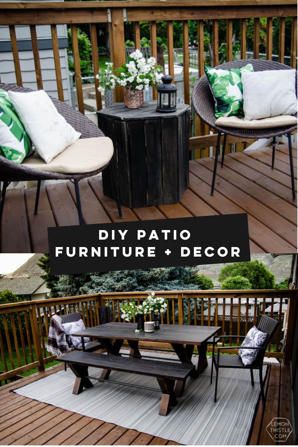 DIY Patio furniture and decor text over two images, one of sitting area and one of dining area on a wooden deck