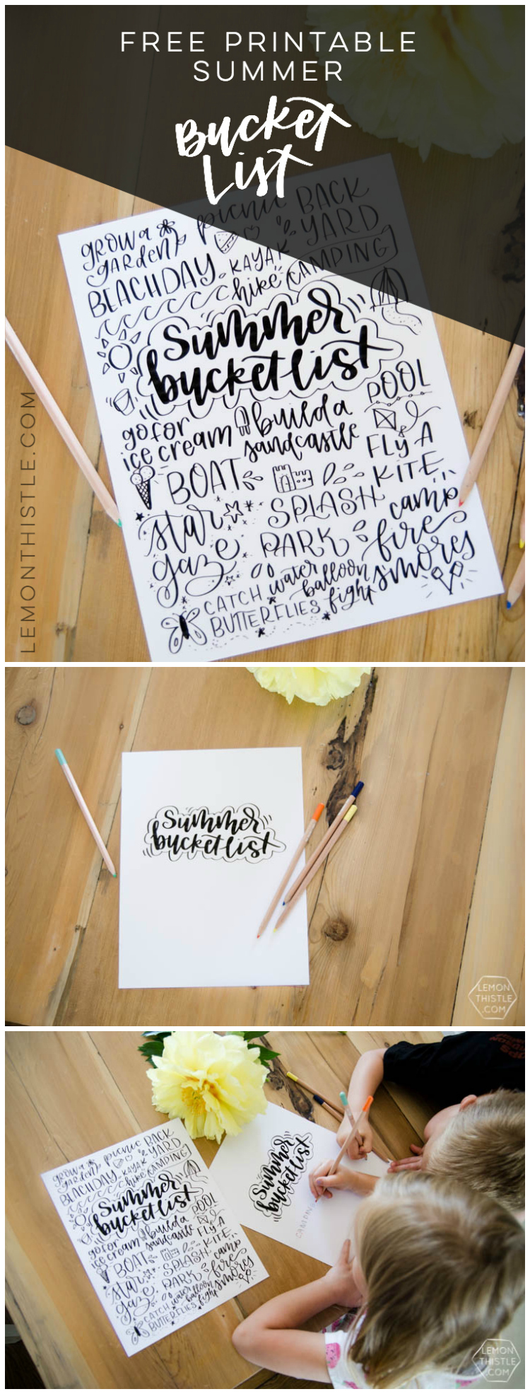 Hand lettered printable summer bucket list! I love this one- such great activities for kids. Plus- I like that there's a blank version for me to make my own!
