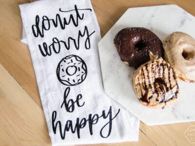 Donut Worry, Be Happy... I LOVE these handlettered punny tea towels! lemon thistle x shindig shop