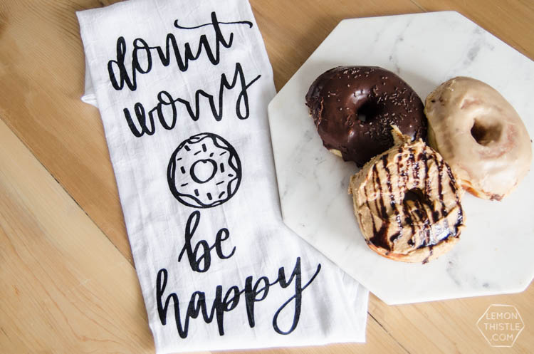Donut Worry, Be Happy... I LOVE these handlettered punny tea towels! lemon thistle x shindig shop