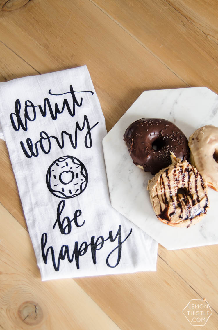 Donut Worry, Be Happy... I LOVE these handlettered punny tea towels! lemon thistle x shindig shop
