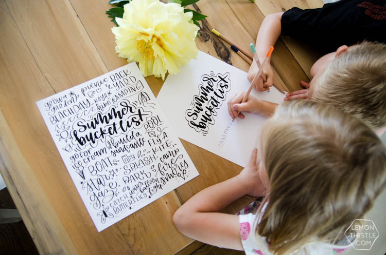 Hand lettered printable summer bucket list! I love this one- such great activities for kids. Plus- I like that there's a blank version for me to make my own!