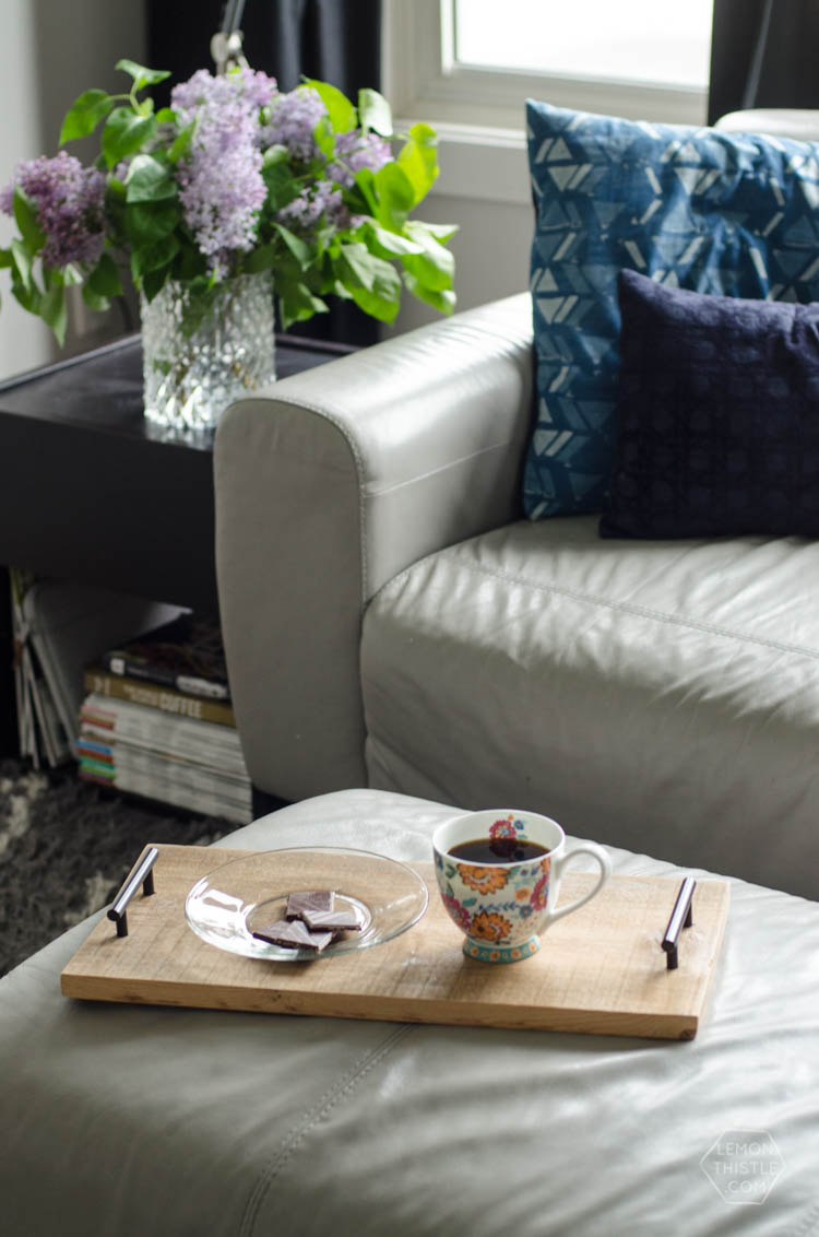 Super simple coffee tray using cabinet hardware and reclaimed wood- LOVE this look! DIY instructions plus more cabinet hardware project ideas