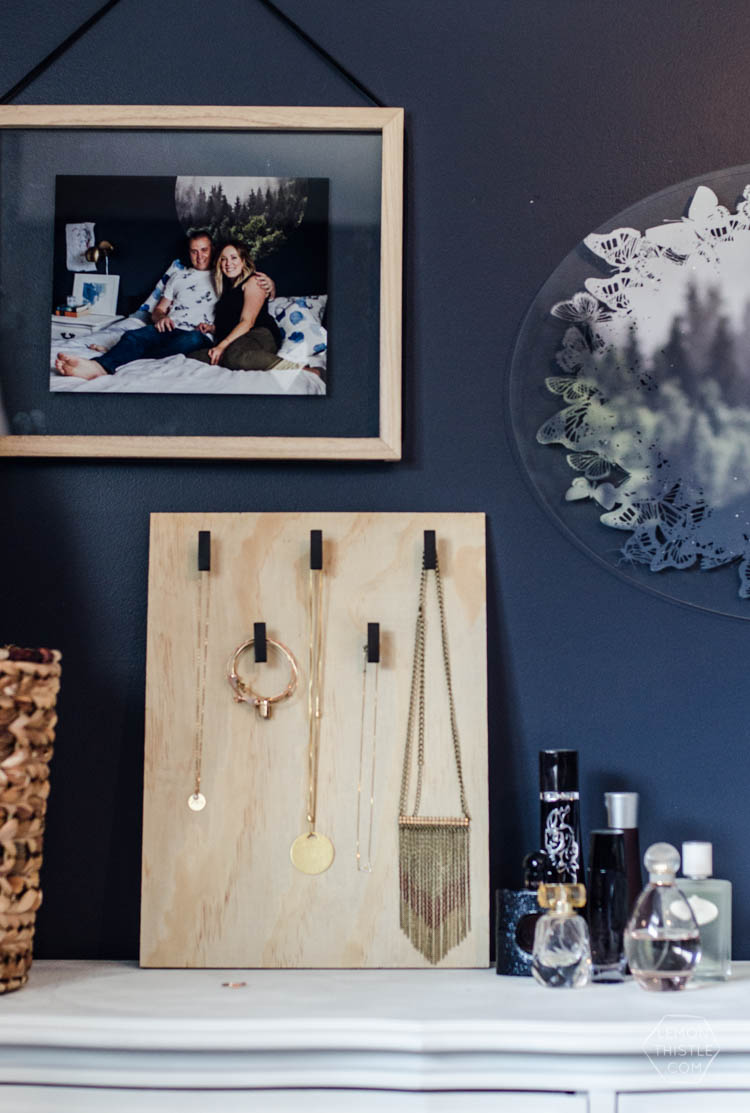 Modern DIY Necklace holder made with cabinet hardware (plus more DIY ideas using hardware)