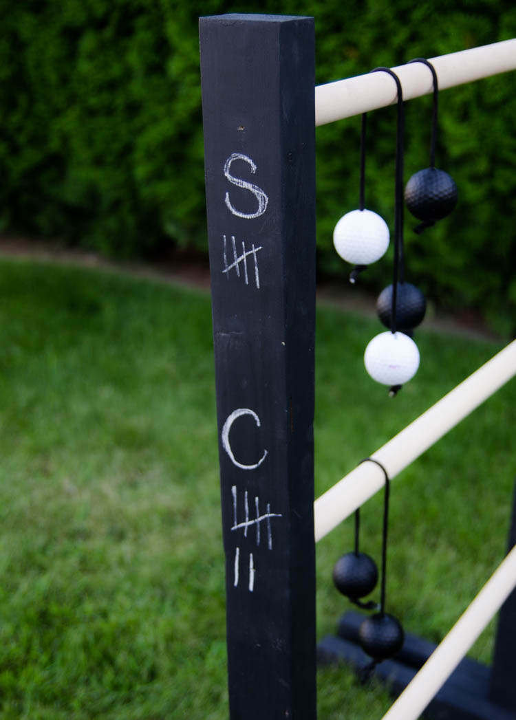 DIY Wooden Ladder Ball- Love the black and white look! Plus- chalkboard for score keeping