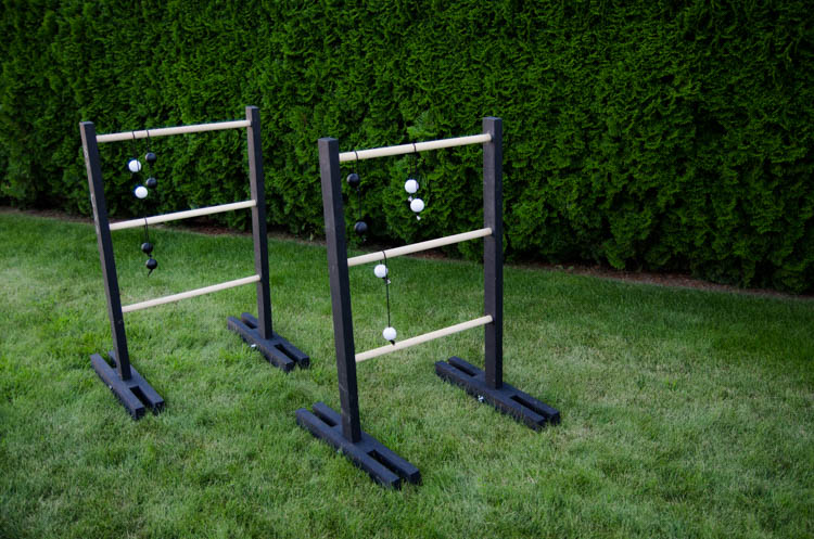 DIY Wooden Ladder Ball- Love the black and white look! Plus- chalkboard for score keeping