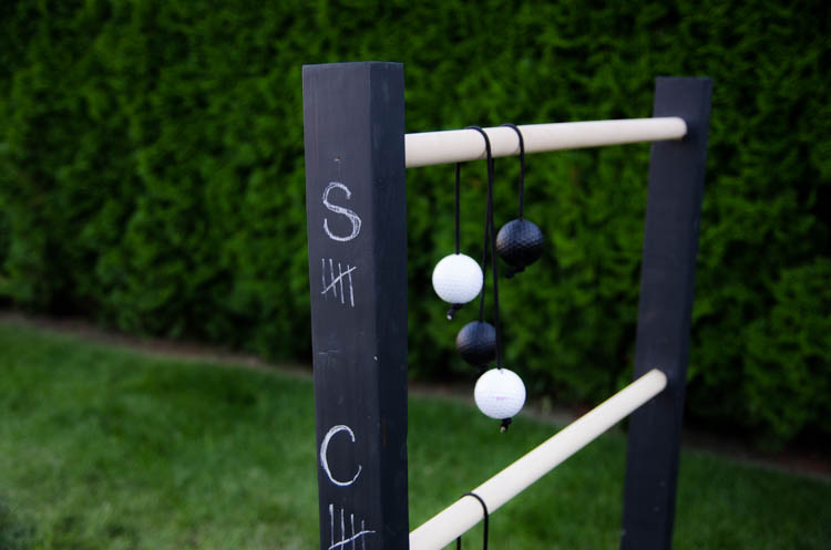 DIY Wooden Ladder Ball- Love the black and white look! Plus- chalkboard for score keeping