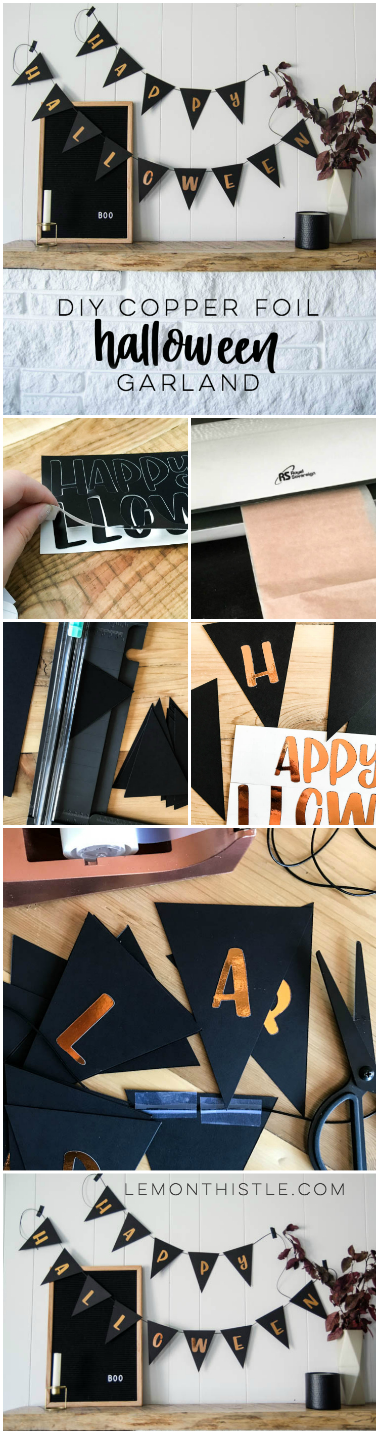 DIY Copper Foiled Halloween Garland - such a cute bunting and love how shiny that handlettered foil is!